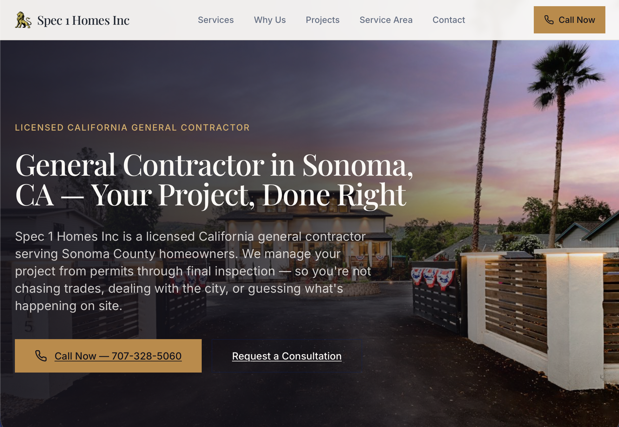 Spec 1 Homes — custom contractor website design for a California general contractor, built by Baxie